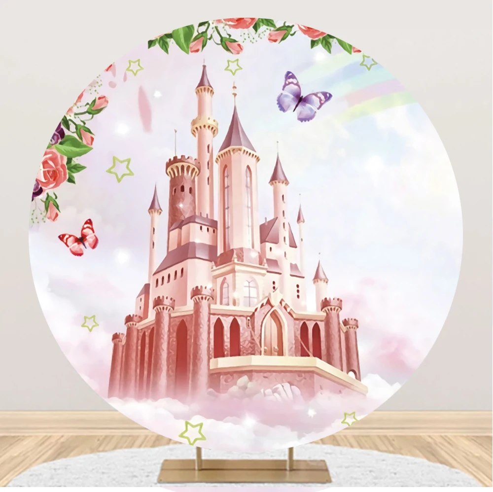 Pink Princess Castle Round Photo Backdrops Butterfly Flower Birthday Party Baby Child Backgrounds Photocall for Photo Studio