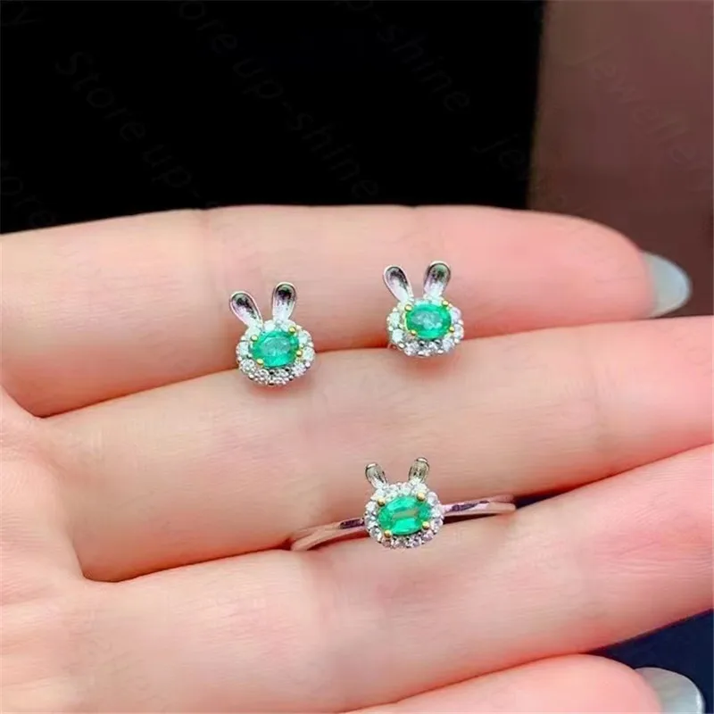 

New style 925 silver inlaid natural emerald ring & earrings set, cute and fresh, a gift for girls