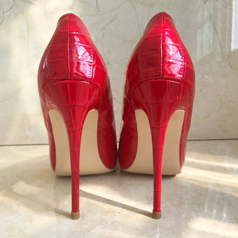 Tikicup Red Crocodile-Effect Embossed Pattern Women Sexy Stiletto High Heels Shallow Cut Pointed Toe Slip On Pumps Party Shoes