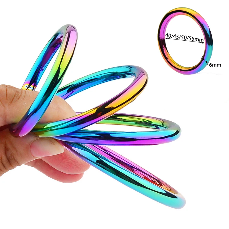 

40/45/50/55mm Rainbow Penis Ring Cock Ring Male Metal Ball Scrotum Stretcher Delay Ejaculation BDSM Sex Toys for Men Dick Ring