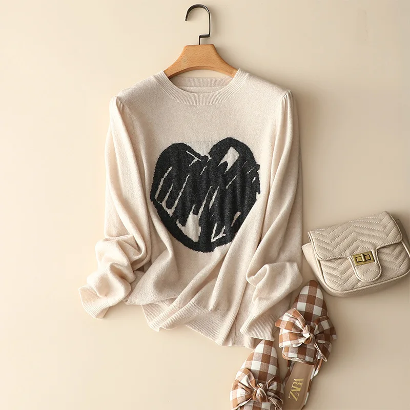 

aliaga europe fashion 100% cashmere intarsia love heart sweaters crew neck long sleeve autumn chic knitwear for women