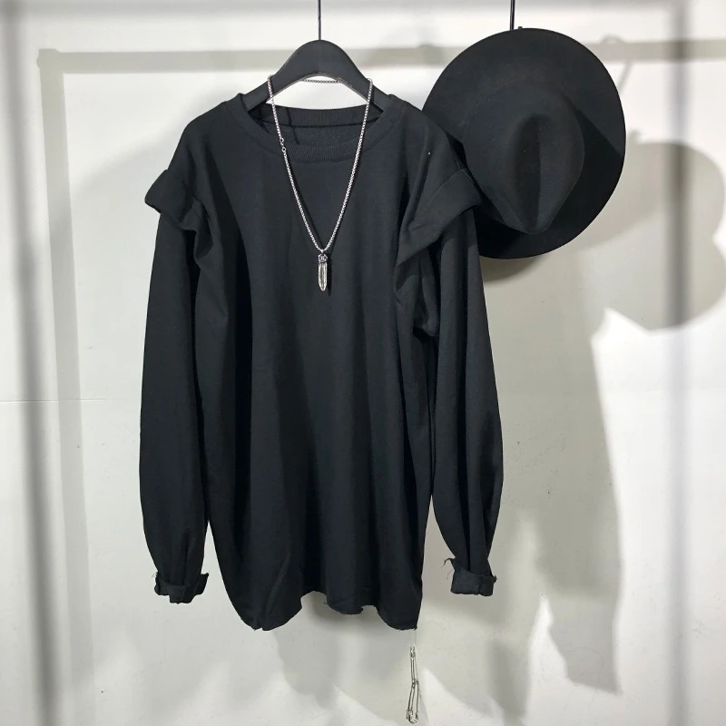 Men's Long Sleeve T-Shirt Autumn Winter New Round Collar Pure Color Fashion Quality Loose Shoulder Pads Design Simple Pullover