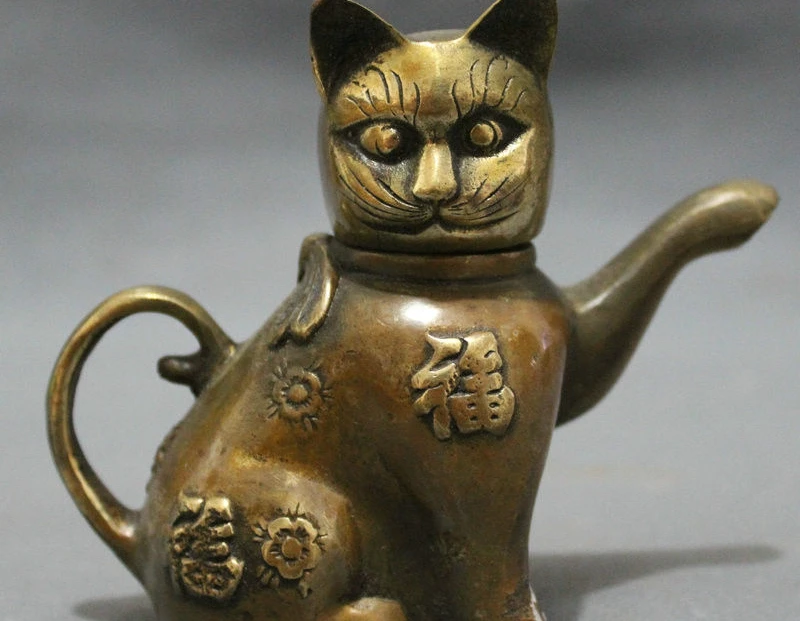 Imagem -02 - Chinese Bronze Cobre Bule Zhaocai fu Cat Head Estátua Flor e Vinho Pot 10cm