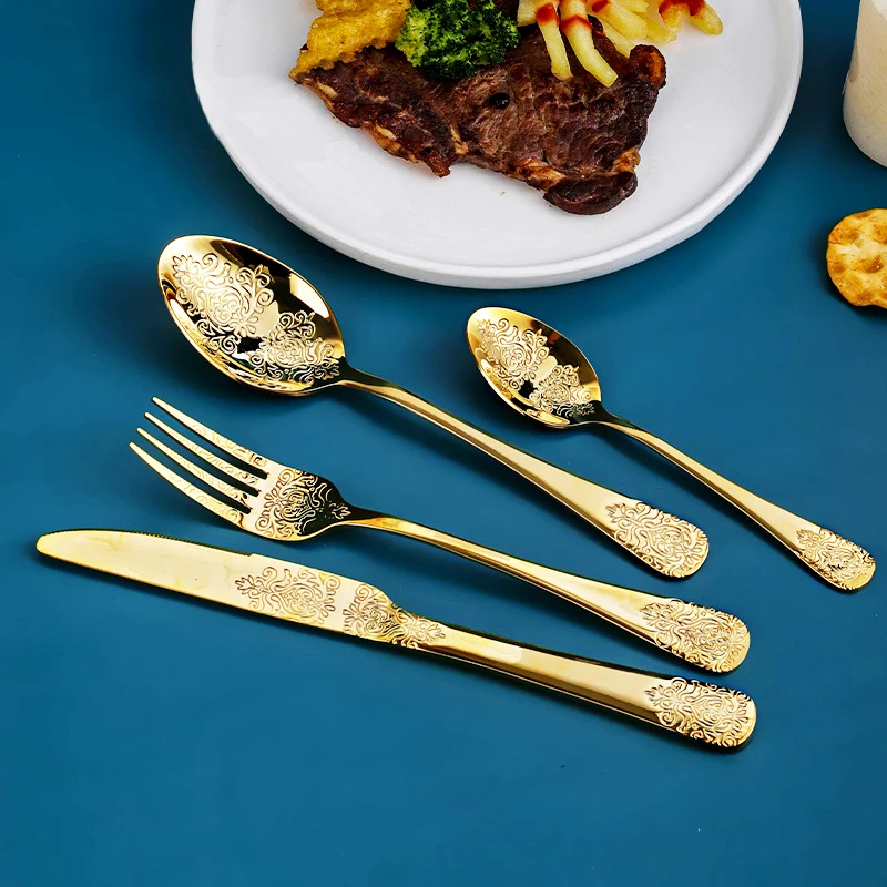 Noble Golden Cutlery Set,European Knife and Fork Spoon Embossed Western Tableware Retro Stainless Steel Dinnerware Sets