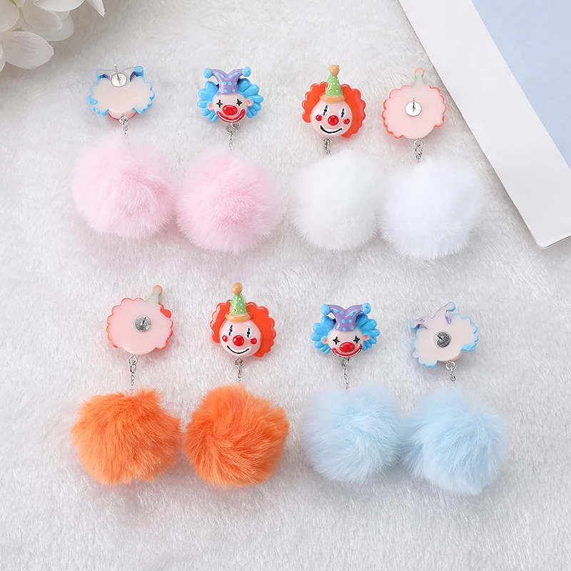 1Pair Cute Pompom  Stud Earrings Circus Clown  With Hair Bulb Charms  Fashion  Puffer Ball Style Jewelry