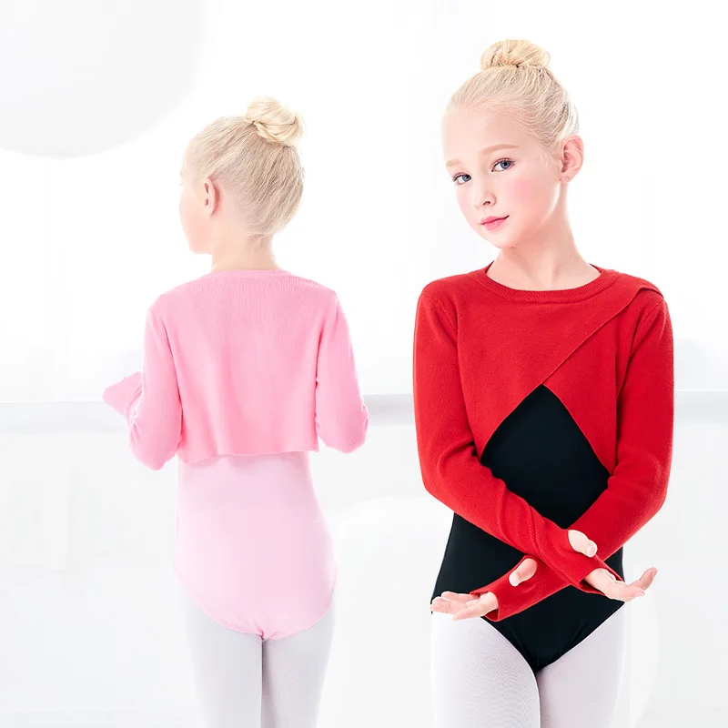 Ballet Sweater Girls Dance Sweater Top Kids Cross Knitwear Winter Warm Ballet Gymnastics Jacket With Hole Cuffs Dance Coat