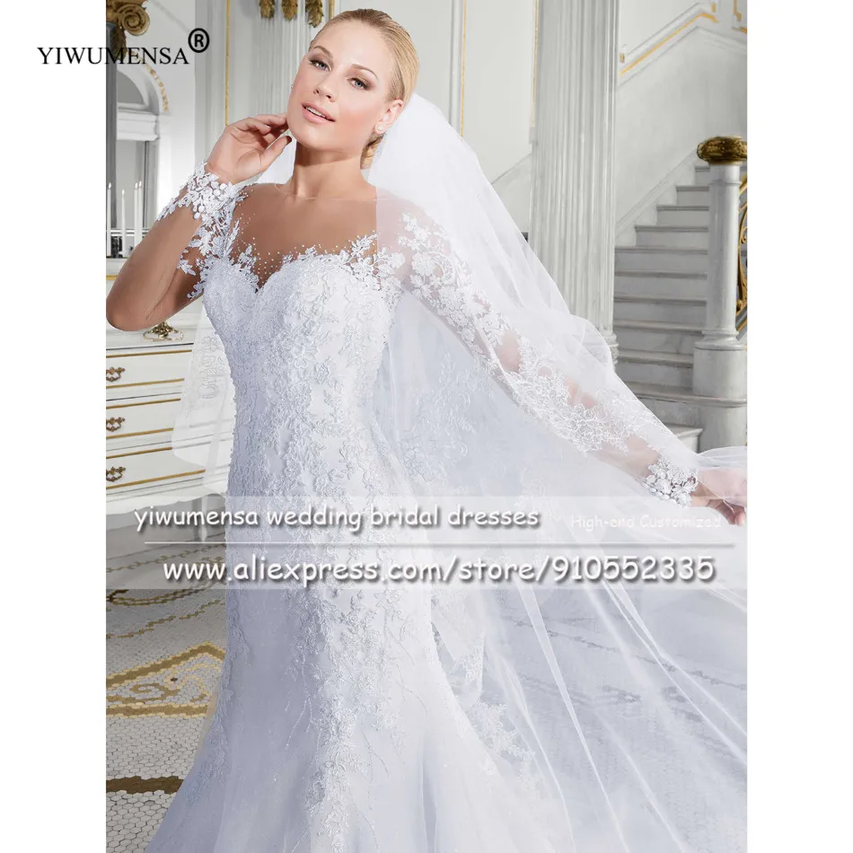 YIWUMENSA Luxury O Neck Long Sleeves Nude Tulle Trumpet Bridal Gowns Robe De Mariee 2021 Lace Appliques Mermaid Wedding Dresses