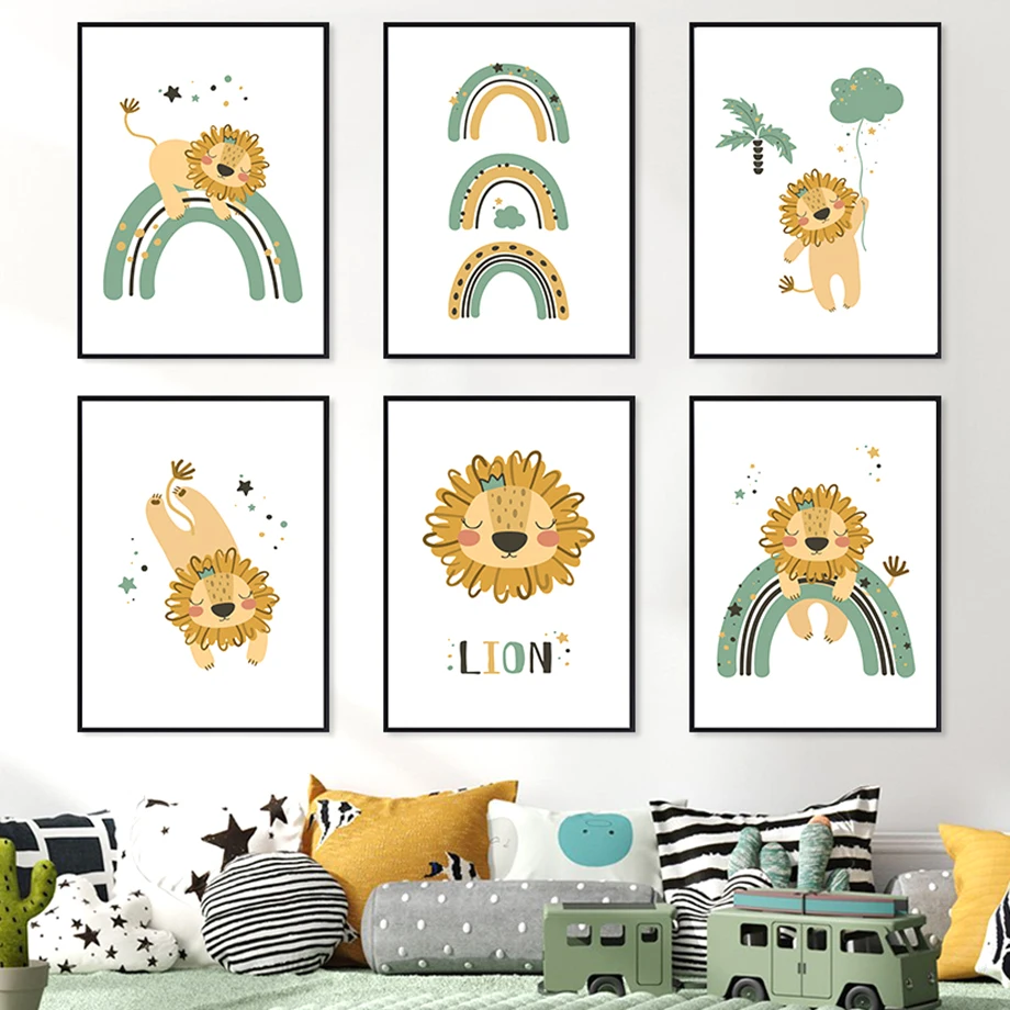 Cute Lion Rainbow Star Tree Nursery Cartoon Wall Art Canvas Painting Nordic Posters And Prints Kids Room Decoration Pictures