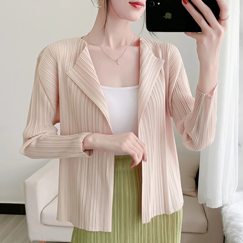 

miyake pleated solid casual woman jackets 2021 summer slimming cardigan temperament long-sleeved loose plus size ruched Coat