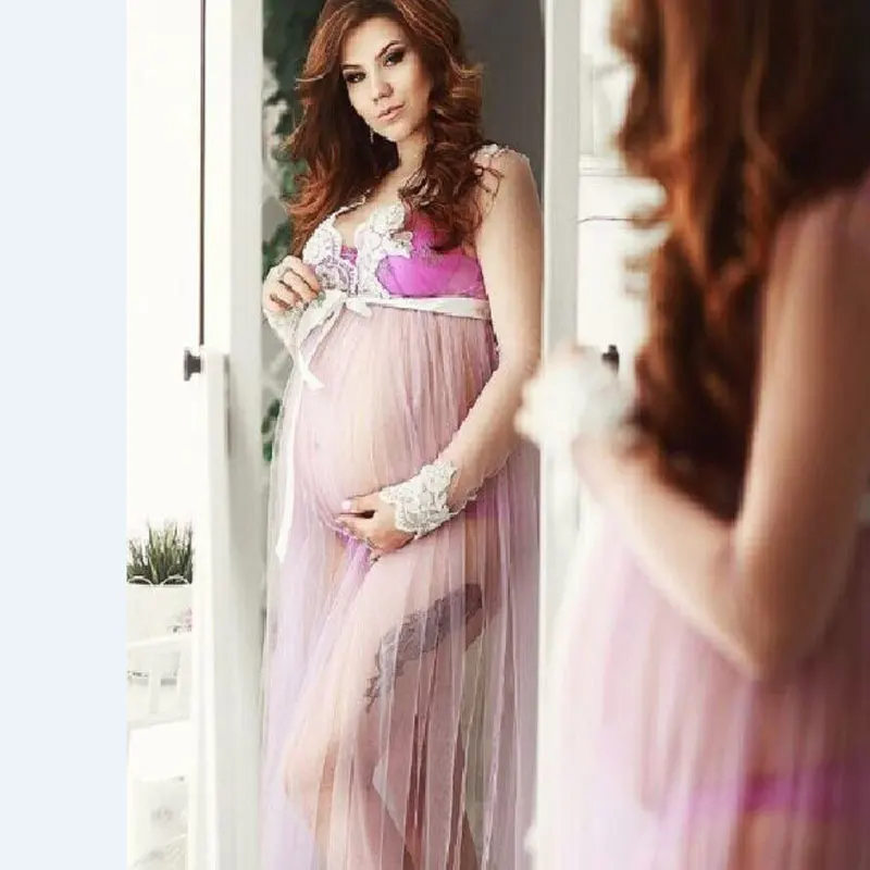 Maternity Dresses for Photo Shoot One-piece Lace Pregnancy Photography Clothes Mopping Dress for Pregnant Front Split Net Yarn
