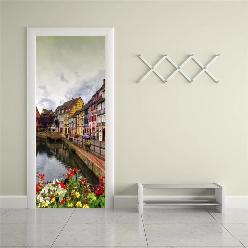 Self-adhesive architectural art door sticker home decoration door cover wall sticker mural porch wallpaper poster