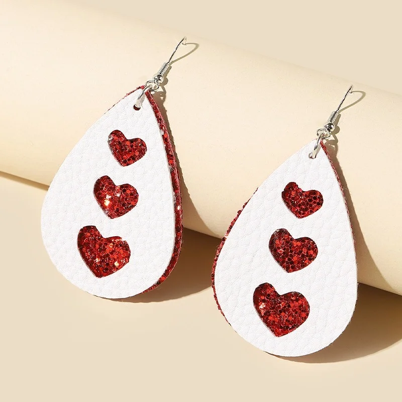 New Valentine's Day Double Water Drops Lychee Pattern Leather Earrings Peach Heart Sequin Jewelry for Women Girl Wholesale