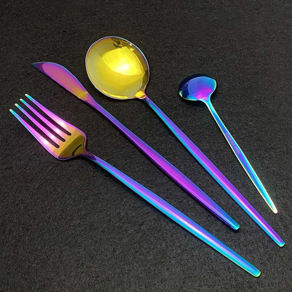 24Pcs Dinnerware Set Blue Gold Shiny Fork Spoon Knife Cutlery Stainless Steel Western Silverware For Kitchen Tableware Set