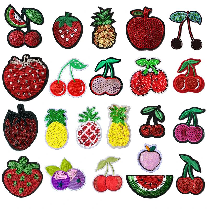 Cute Sequin Cherry Watermelon Strawberry Pineapple Apple Fruit Embroidery Patch Baby Children\'s Clothes Ironing Decal Badge