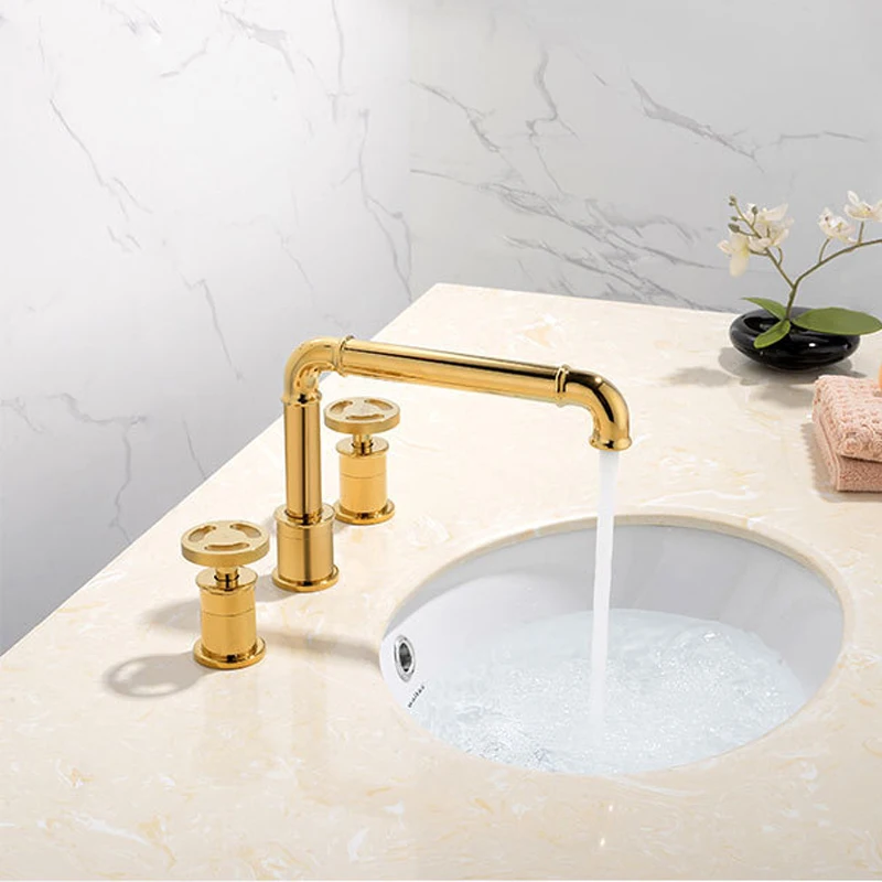 Luxurious Deck-mounted Industrial Style Three-Hole Two Handle Gold Bathroom Sink Faucet Lavatory Water Mixer Tap G1133