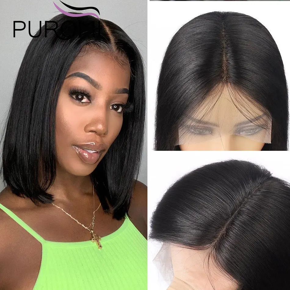 

Puromi Short Bob Lace Human Hair Wig 13X1 4X1 Middle Part Lace Wigs Straight Brazilian Remy Hair Wig PrePluck 150% Density