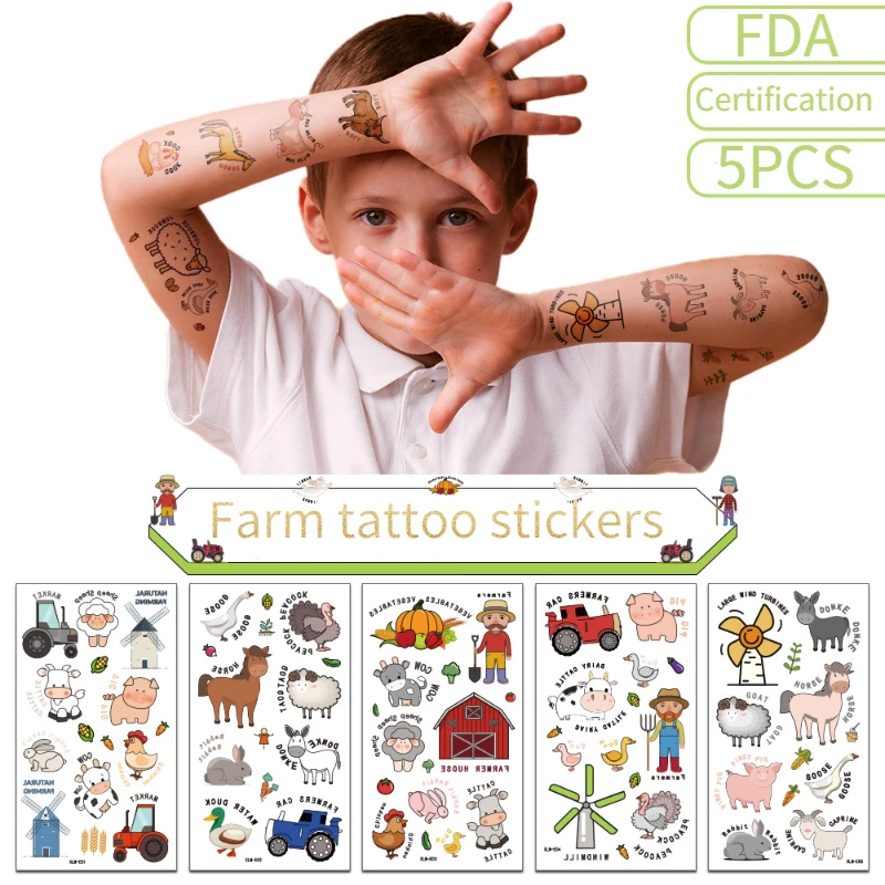 5PCS Children Cartoon Farm Tattoo Stickers Men and Women Personality Party Children's Toys Fun Waterproof Sweat Stickers