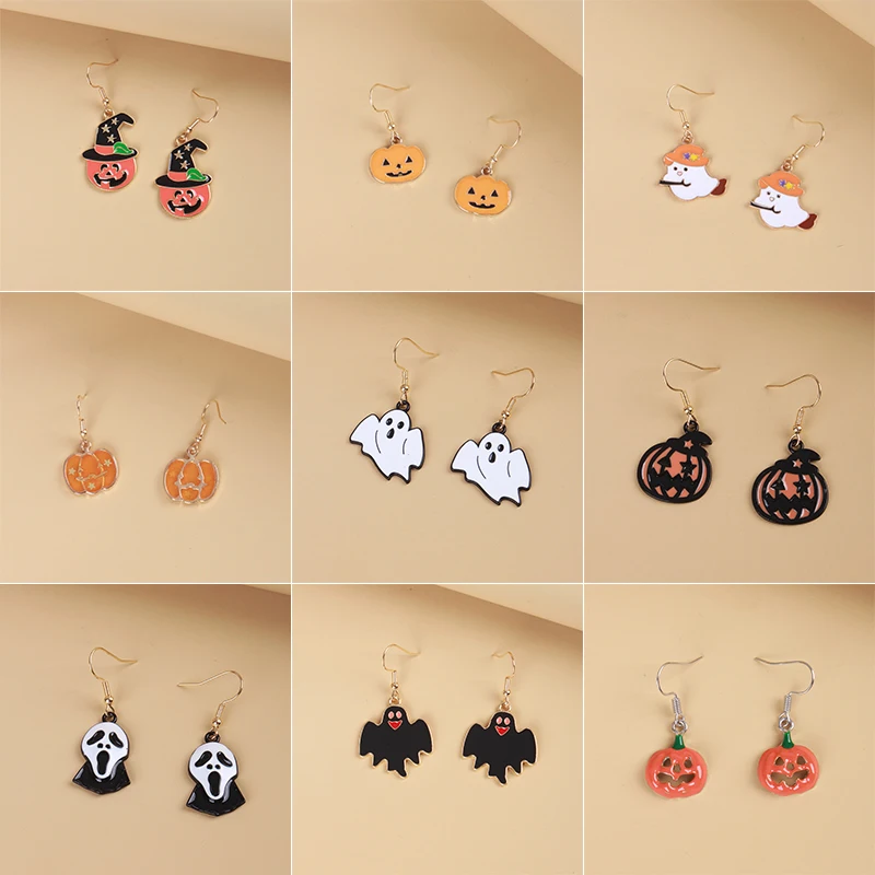 Halloween Pumpkin Ghost Metal Drop Earrings Cute Magic Hat Puffer Earrings Female Trendy Fun Jewelry Accessories Gifts For Her