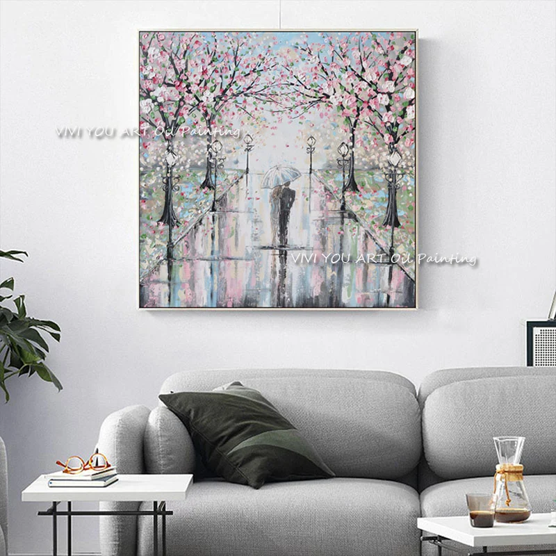 The Lovers Holding Umbrella Oil Painting Handmade Modern Artwork Picture Thick Art Pink Flower Boy Girl Couple Stree View