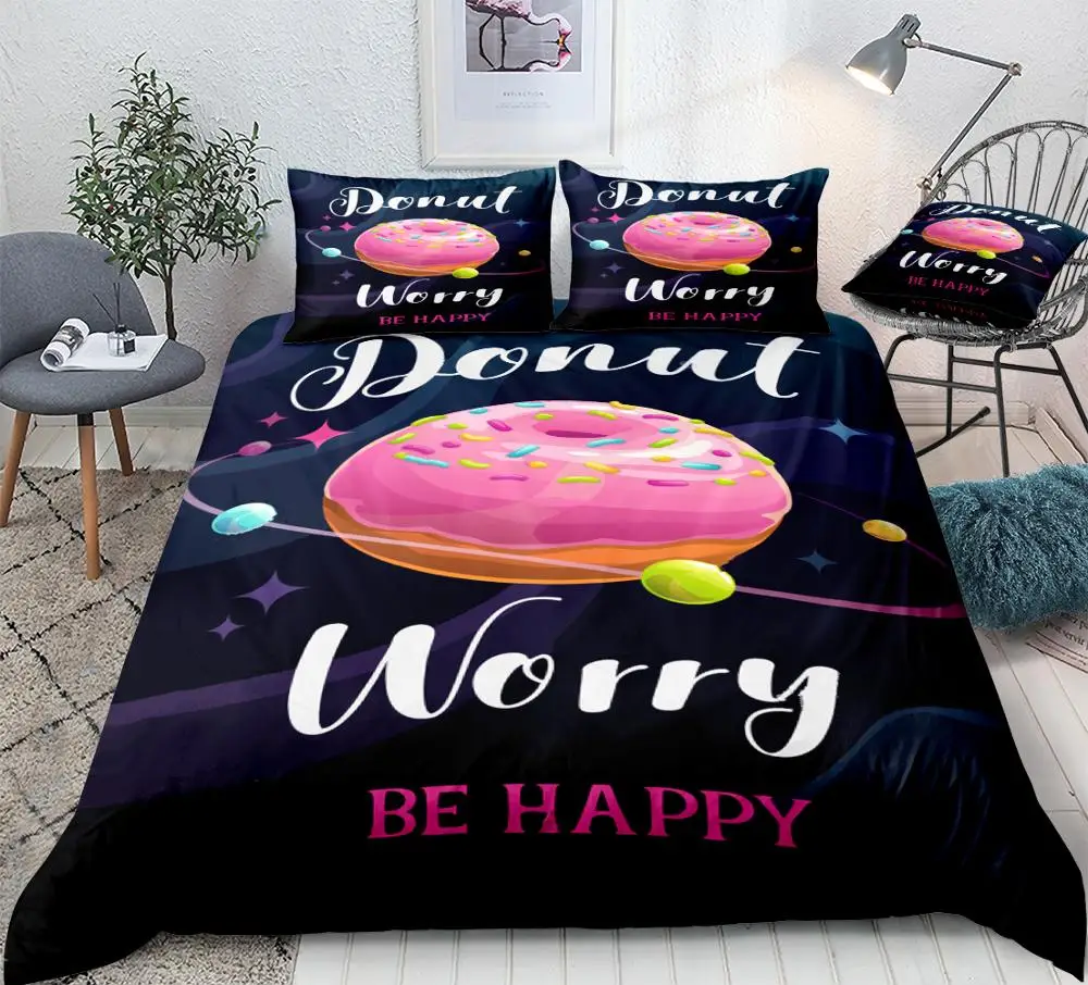 

Donuts Bedding Set Cartoon Planets Duvet Cover Set Kids Pink Quilt Cover Set for Girls Food Bedclothes Dessert Home Textile