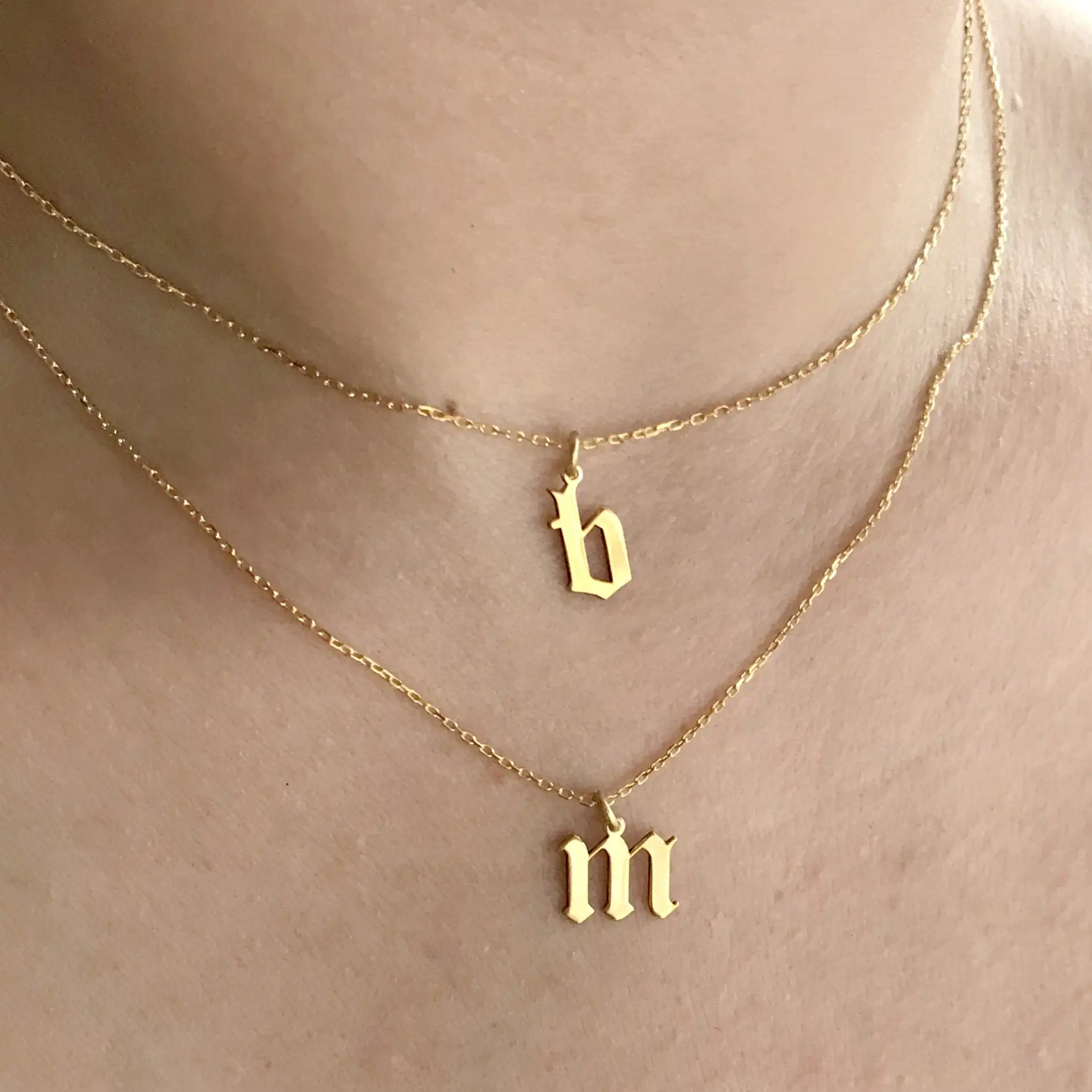 

Two Layered Initial Necklace Couples Initials Necklace Custom Old English Jewelry small Personalized Gothic Necklace