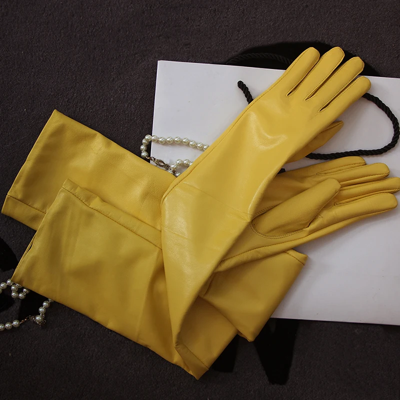 Women\'s Long Gloves Yellow Sexy Slim Genuine Leather Lady\'s Club Performance Formal Party Sheepskin 60cm 2021 New Style