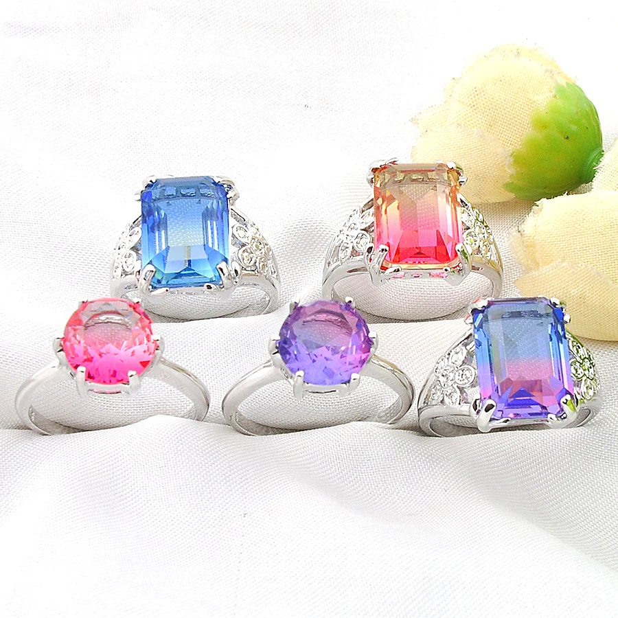 MIX 5 Pieces Holiday Gifts Big Offer Square Round Rainbow Bi-Colored Tourmaline Gemstone Silver Rings Mix Size 7 8 9