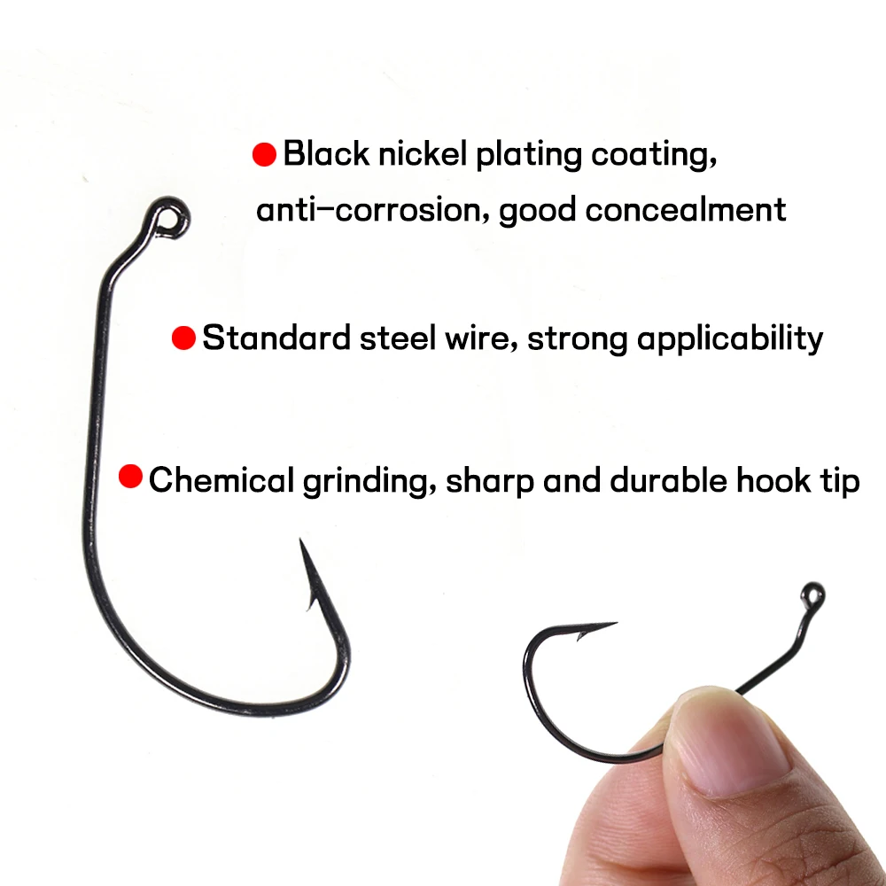 Elllv 50PCS Caroline Taxas Rig Fish Hooks High Carbon Steel Inline Worm Hook Long Shank Wide Gap Bass Fishing Jig Hook #6-#5/0