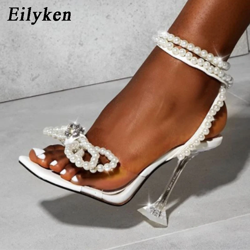 Eilyken New Women Sandals 2024 Summer Sexy Perspex Crystal High Heels Party Wedding Shoes Square Toe Pearls String Bowknot Pumps