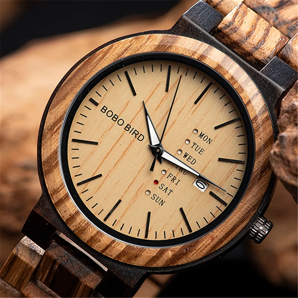 

reloj hombre Week Display Watch Men BOBO BIRD Wooden Quartz Wristwatch Fashion Auto Date Timepiece Christmas Gift Fast Shipping