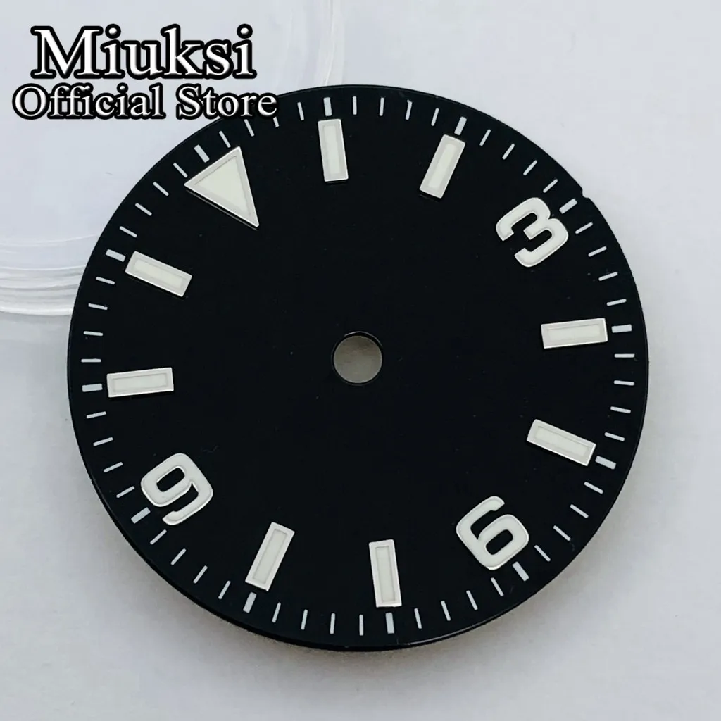 Miuksi 29mm black watch dial green luminous fit NH35 NH36 ETA2824 2836 Mingzhu DG2813 3804 Miyota 8205 8215 821A PT5000 movement