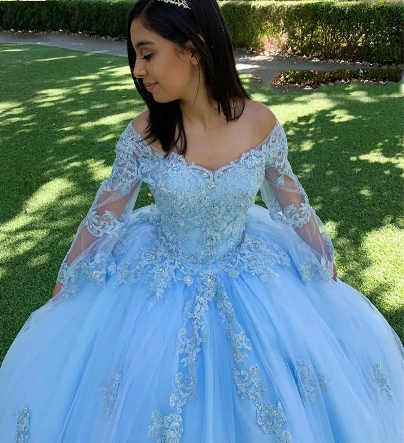 Vestido De baile azul cielo claro con cuentas, quinceañera, Vestido De graduación con hombros descubiertos, apliques De 16, 2021