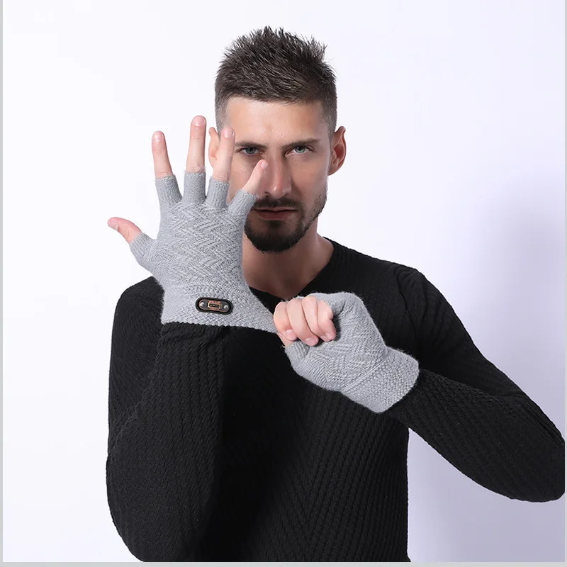 Fashion Winter Acrylic Wool Plus Plush Thick Jacquard Knit Warm Half Finger Mittens Men Full Finger Touch Screen Gloves C2