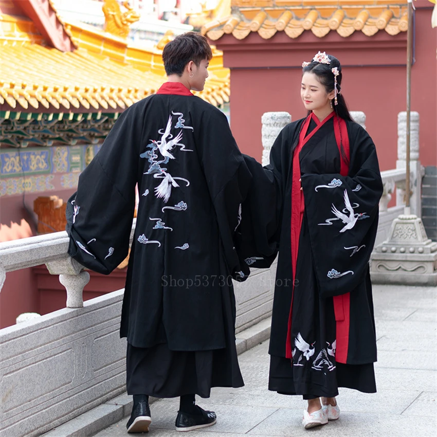 Trung Quốc Traditionsl Đầm Hanfu Nữ Nam Hạc Thêu Top Phối Áo Khoác Cardigan Kimono Cặp Đôi Quần Áo Unisex Phương Đông Kiếm Sĩ