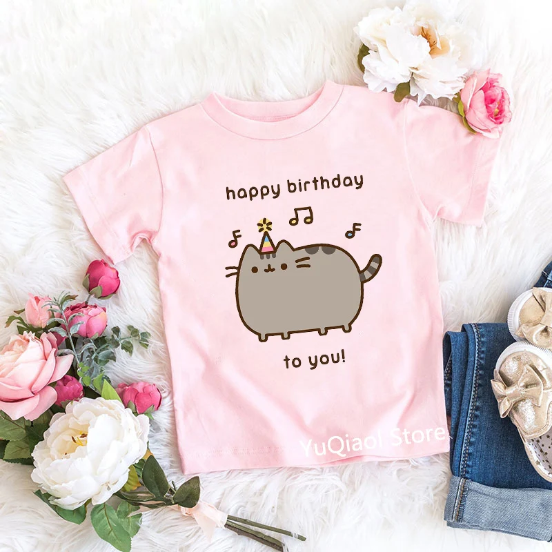 Cute Pink T-Shirt For Girls Coffee Cat Happy Birthday To You Graphic T Shirts Children's Clothes Summer 2021 Kids Tops Tees Gift