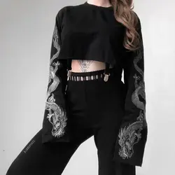 Gothic Punk Cool Girl Dragon Pattern T Shirts Long Sleeve Suspenders Women T-Shirt Crew Neck Black Crop Top Autumn Pullover