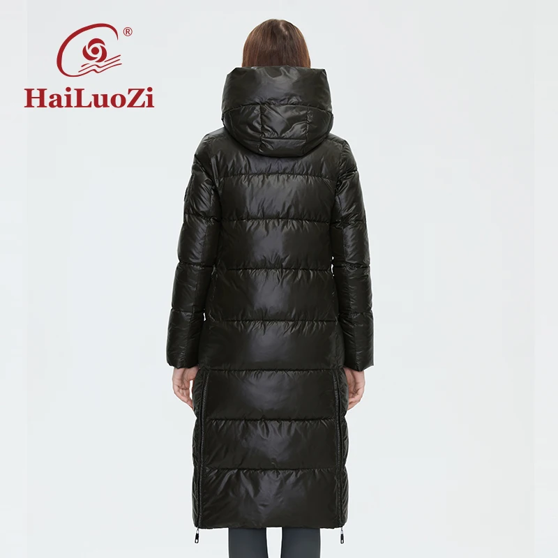 HaiLuoZi Damen-Winterjacke, modisch, lang, knielang, dick, Damenmantel mit Kapuze, schlankes Spleißen, diagonaler Gürtel, Baumwollparkas 6037