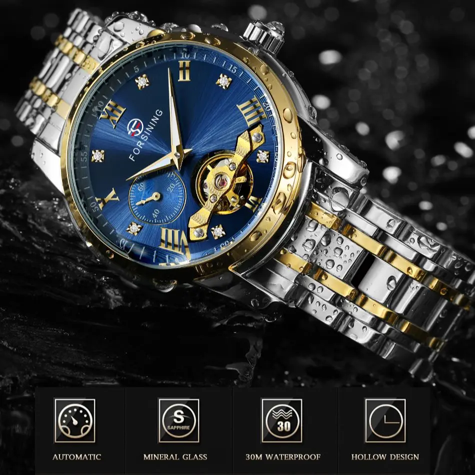 FORSINING Luxury Men's Watches Automatic Tourbillon Business Full Steel Watch Fashion Sports Blue Mechanical Wristwatches