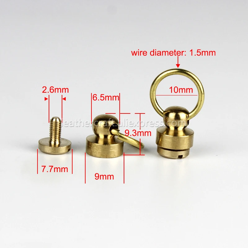 10pcs Solid Brass Ball Post Studs Rivet With D Ring Screwback Round Head Nails Spots Spikes Leather Craft DIY Accessories