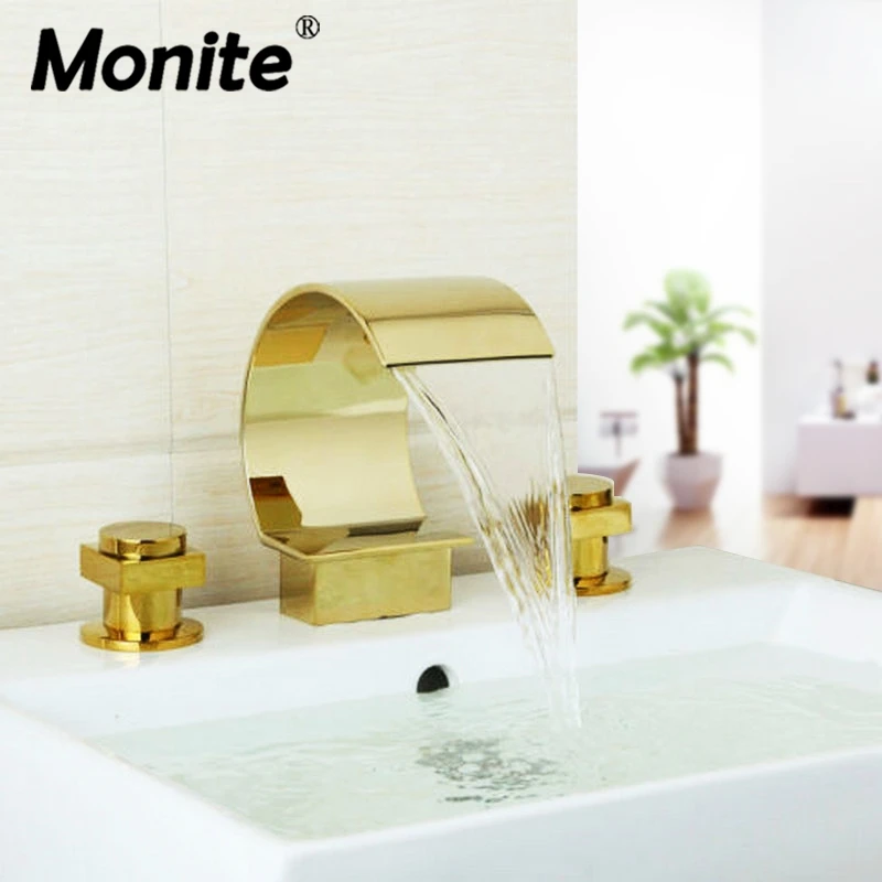 

Monite Golden Plated Waterfall Spout Deck Mount Solid Brass Bathroom Sink Wash Basin Double Handle Bathtub Mixer Tap Faucet