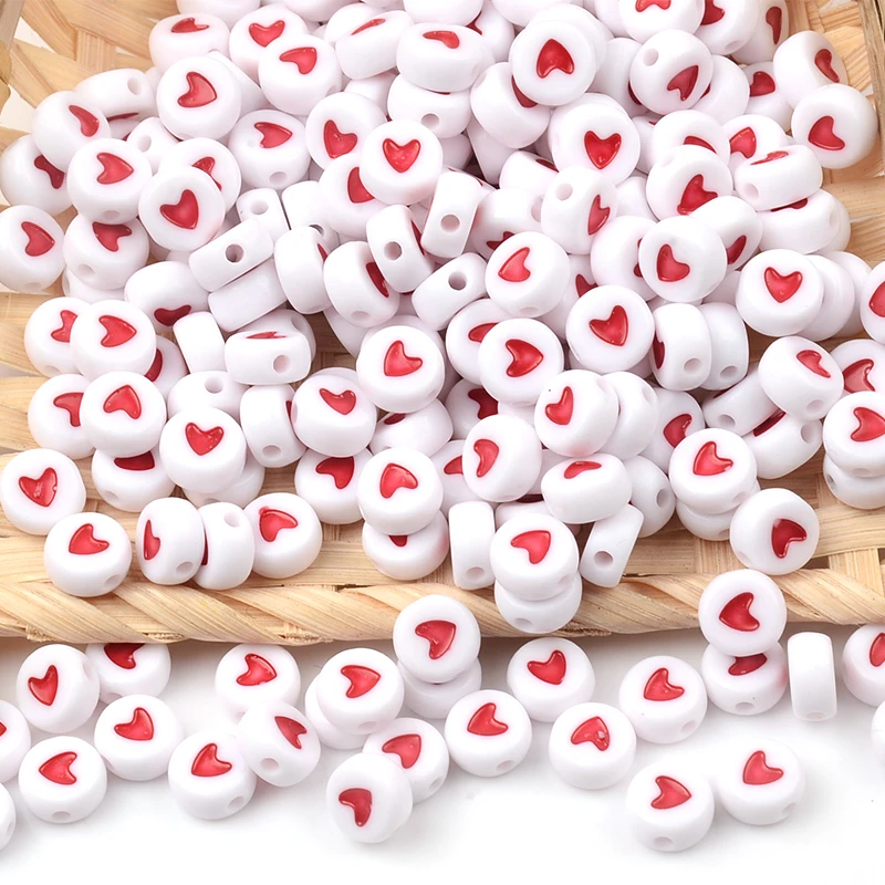 100pcs/4x7mm Red Heart White Acrylic Beads Diy Children's Bracelet Flat Round Beads For Jewelry Making Beaded Accessories