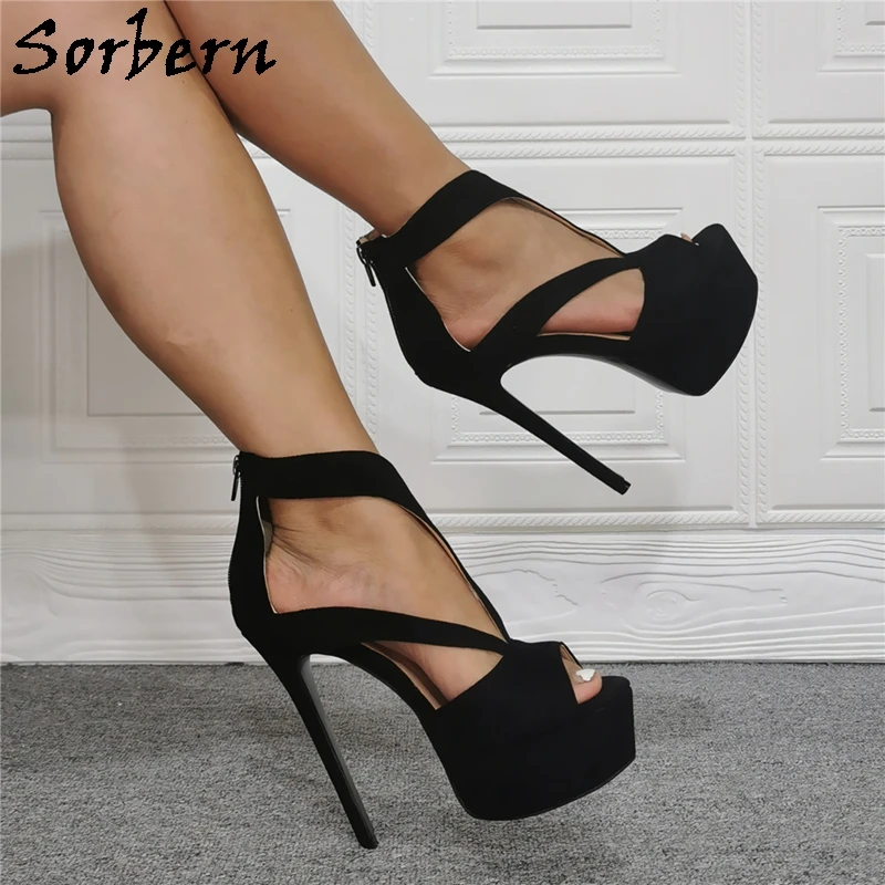 Sorbern Black Women Sandals High Heel Open Toe T-Strap Ladies Heels Black Shoes Multi Colors Big Size 15 Unisex Style Drag Queen