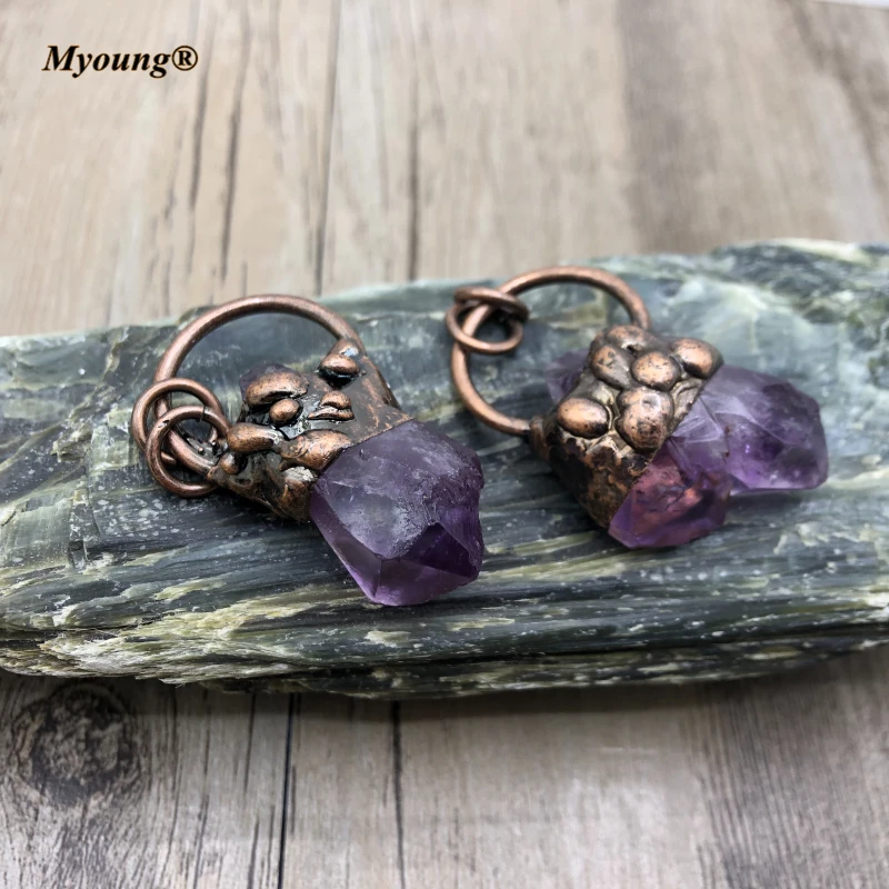 

Antique Copper Plated Amethysts Point Vintage Pendant BOHO Crystal Quartz Birth Stone Charms Necklace Jewelry Making MY210472