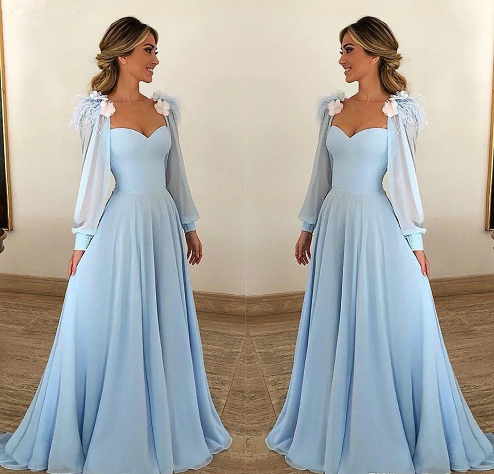 Luce Blu In Chiffon Abiti Da Sera 2020 Donne Formale Del Partito di Notte Robe De Soiree Elegante Abiti Maniche Lunghe di Promenade Maxi Vestito