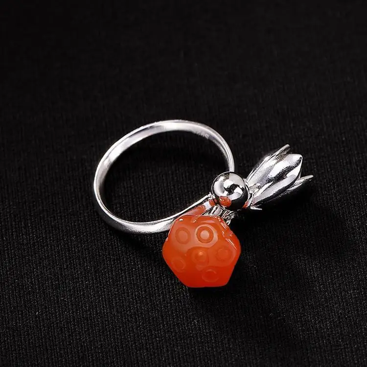 Original Design Natural South Carnelian Lotus Pendant Opening Adjustable Ring Chinese Retro Charm Women's Silver Jewelry