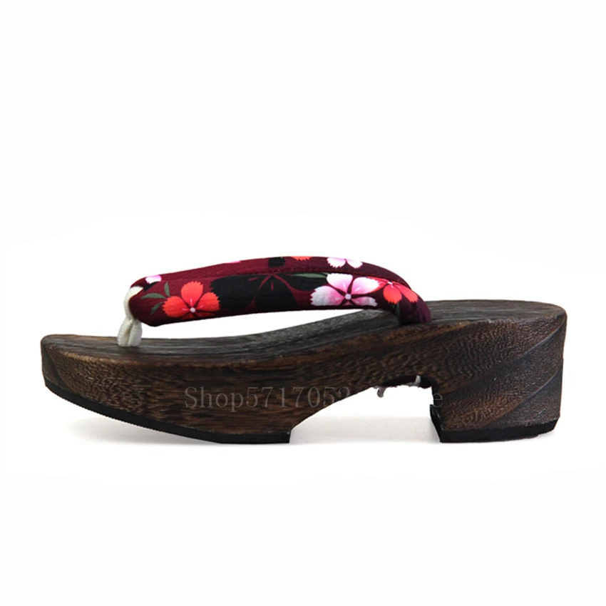 36-40 Japanese Traditional Kimono Shoes Women Wooden Geta Girls Flower Print Street Round Top Geisha High Heels Sakura Slippers