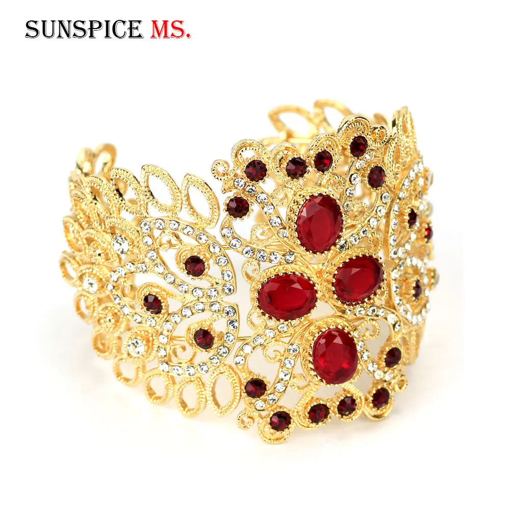 Sunspicems Morocco Hollow Big Bangle Arabic Rhinestone Cuff Bracelet 18k Gold Color Bangle Indian Ethnic Bride Wedding Jewelry