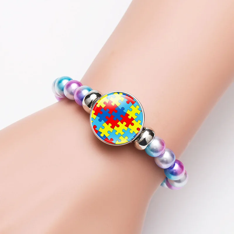 10PC Funtown Splashtown Autism Hand Awareness Ribbon Charm Beaded Bracelet 18mm Snap Buttons Girl Women Bead bracelets Jewelry