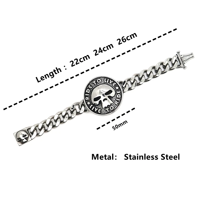 Motorcycle Rider Style Unisex 316L Stainless Steel Big Skull Ride to Live, Live to Ride Cool Biker Bracelet Newest Gift