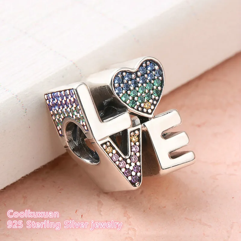 

Summer 925 Sterling Silver Multi-Color Love Charm, Multi-Colored CZ Beads Fit Original Pandora Charms Bracelet DIY jewelry